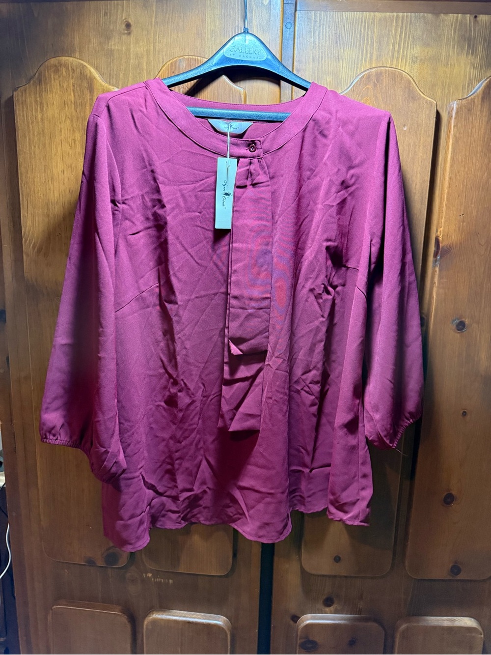 Button-Front Burgundy Blouse with Tie Detail by